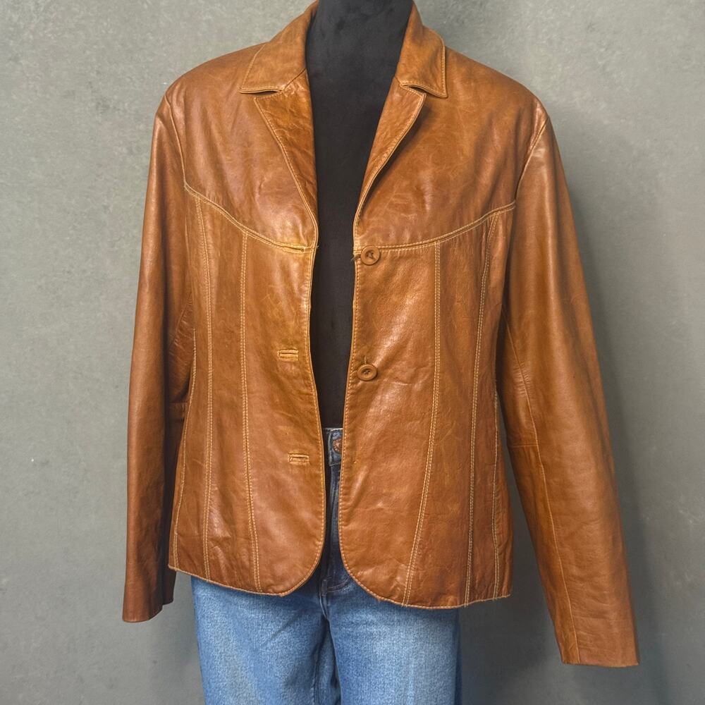 Wilsons Leather Women's Cognac Tan Blazer Jacket XL Y2K Paisley Lining As-Is